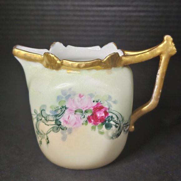 Antique Tressemann Vogt Limoges, France Creamer Hand Painted Florals Gold Handle - Picture 1 of 12